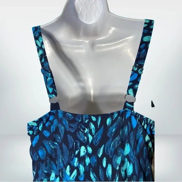 Denim & Co V Neck Wrap Front Swim Dress Azure Paint Brush Size 10 New - Picture 3 of 8